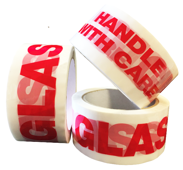 DENVA 48mm x 66m White LNPP Tape Printed "GLASS HANDLE WITH CARE"